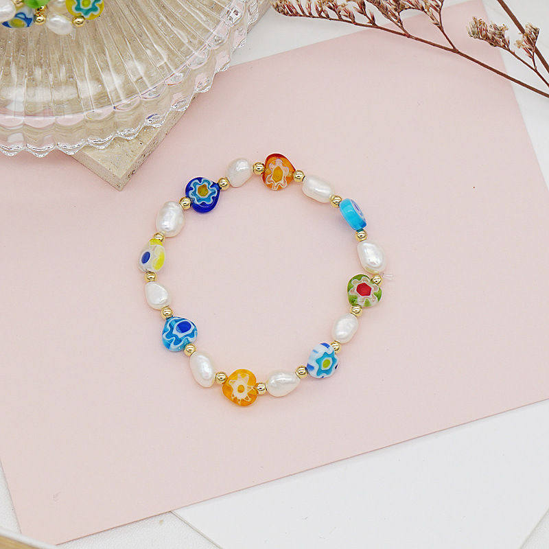 Korean Style Dongdaemun Same Style Flower Glass Freshwater Pearl Bracelet Elastic String Beaded Bracelet Color Bracelet for Women