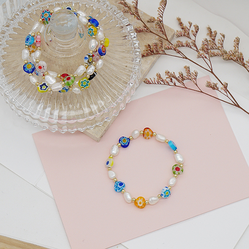 Korean Style Dongdaemun Same Style Flower Glass Freshwater Pearl Bracelet Elastic String Beaded Bracelet Color Bracelet for Women