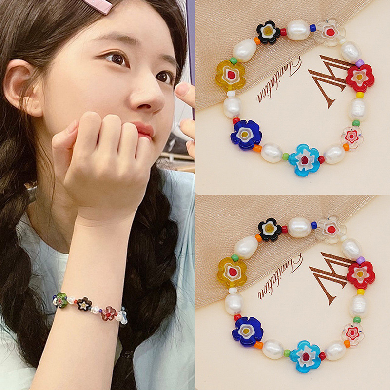 Korean Style Dongdaemun Same Style Flower Glass Freshwater Pearl Bracelet Elastic String Beaded Bracelet Color Bracelet for Women