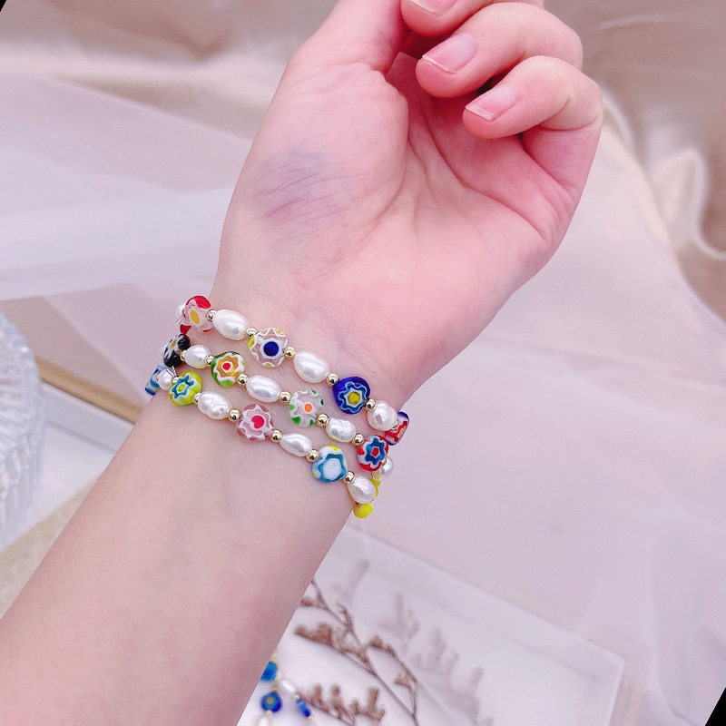Korean Style Dongdaemun Same Style Flower Glass Freshwater Pearl Bracelet Elastic String Beaded Bracelet Color Bracelet for Women