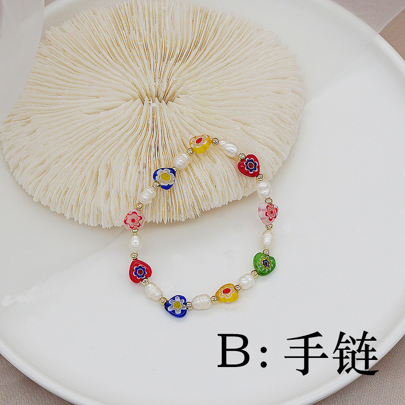 Korean Style Dongdaemun Same Style Flower Glass Freshwater Pearl Bracelet Elastic String Beaded Bracelet Color Bracelet for Women