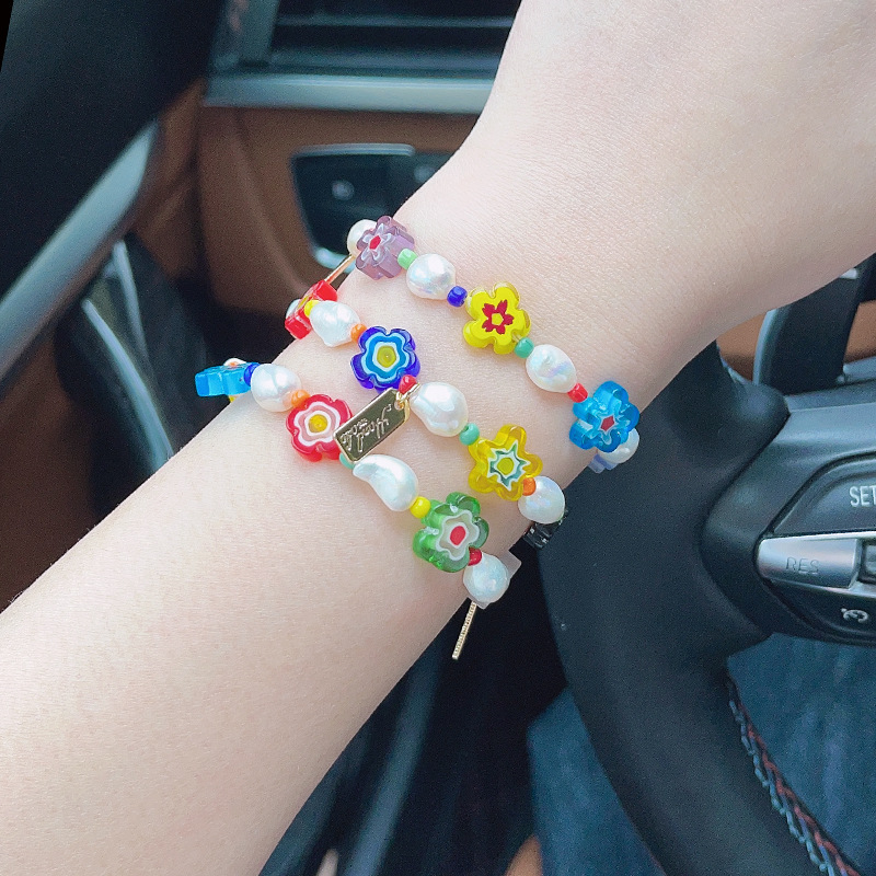 Korean Style Dongdaemun Same Style Flower Glass Freshwater Pearl Bracelet Elastic String Beaded Bracelet Color Bracelet for Women