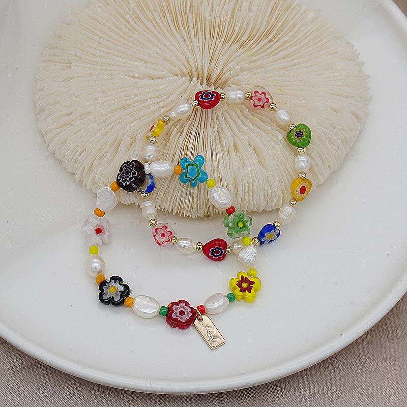 Korean Style Dongdaemun Same Style Flower Glass Freshwater Pearl Bracelet Elastic String Beaded Bracelet Color Bracelet for Women