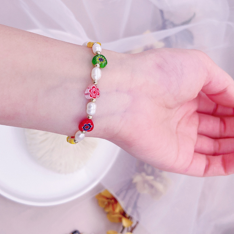 Korean Style Dongdaemun Same Style Flower Glass Freshwater Pearl Bracelet Elastic String Beaded Bracelet Color Bracelet for Women