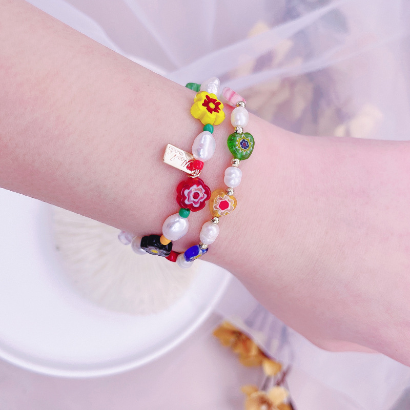Korean Style Dongdaemun Same Style Flower Glass Freshwater Pearl Bracelet Elastic String Beaded Bracelet Color Bracelet for Women