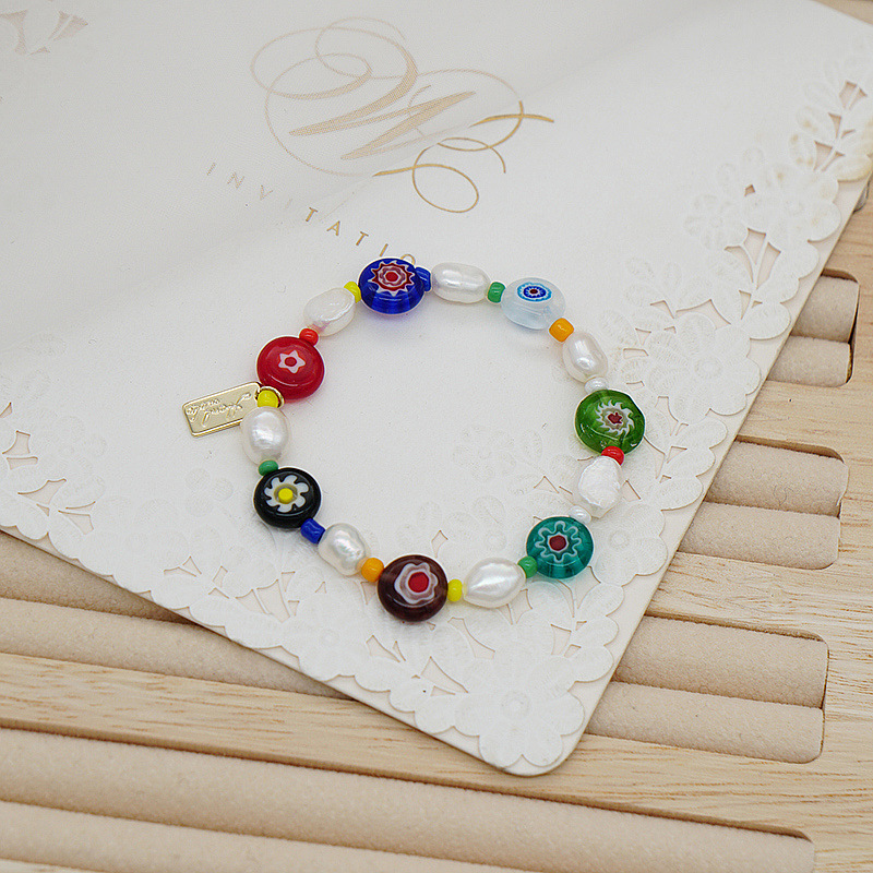 Korean Style Dongdaemun Same Style Flower Glass Freshwater Pearl Bracelet Elastic String Beaded Bracelet Color Bracelet for Women