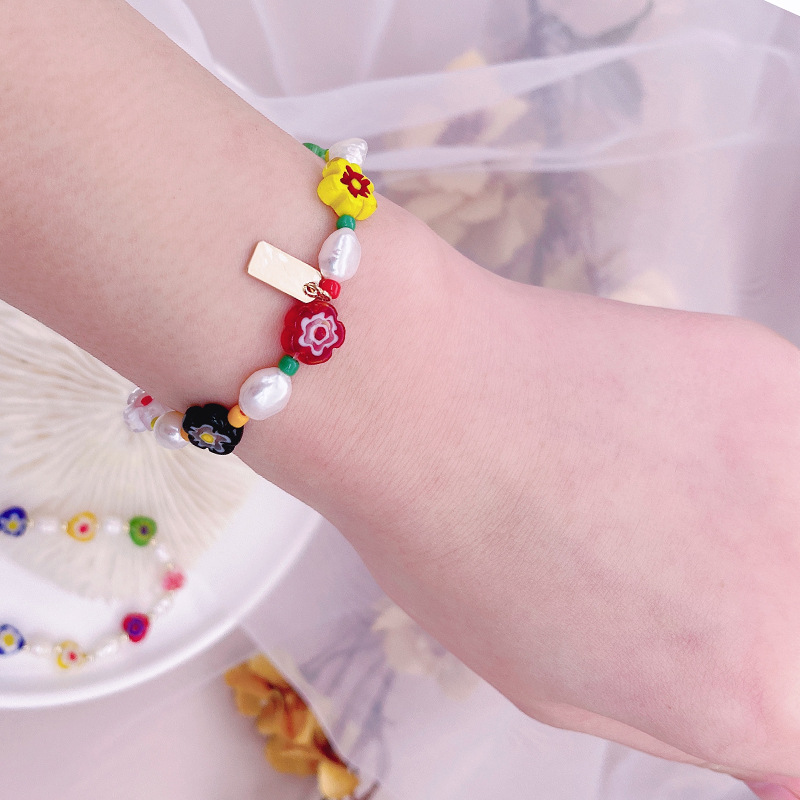 Korean Style Dongdaemun Same Style Flower Glass Freshwater Pearl Bracelet Elastic String Beaded Bracelet Color Bracelet for Women