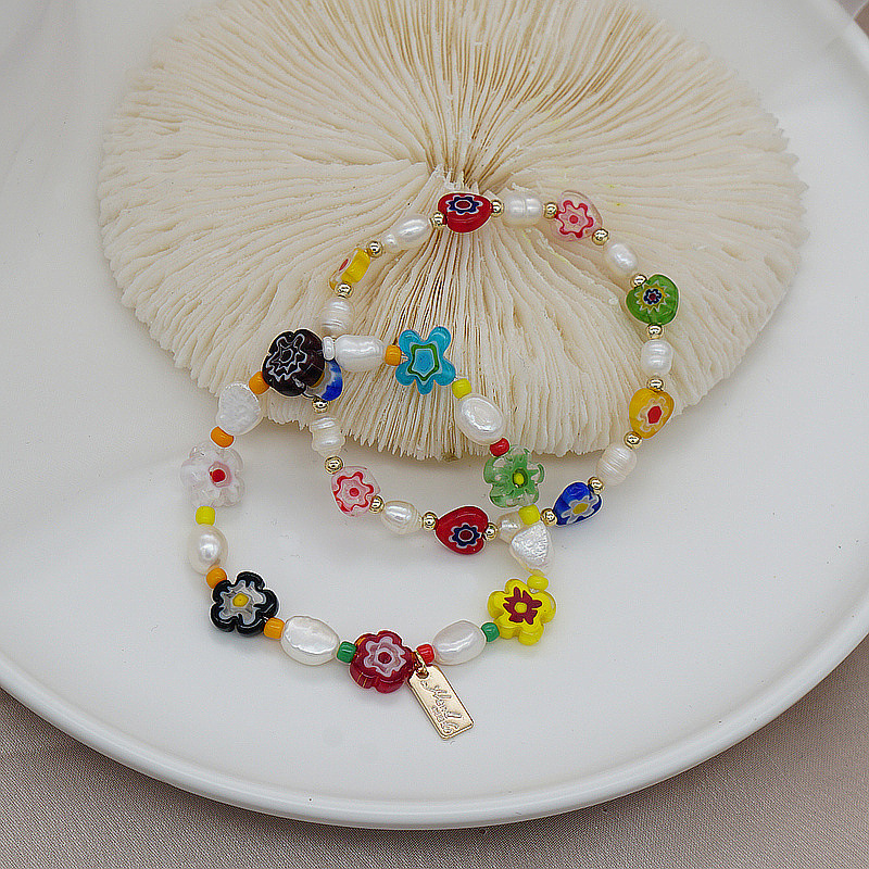 Korean Style Dongdaemun Same Style Flower Glass Freshwater Pearl Bracelet Elastic String Beaded Bracelet Color Bracelet for Women