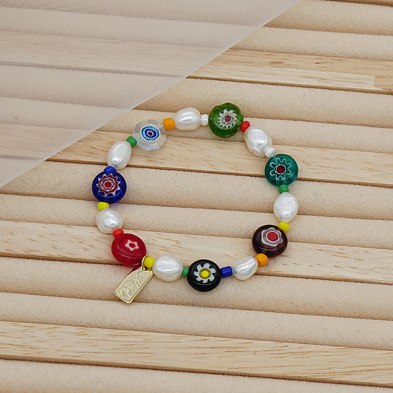 Korean Style Dongdaemun Same Style Flower Glass Freshwater Pearl Bracelet Elastic String Beaded Bracelet Color Bracelet for Women