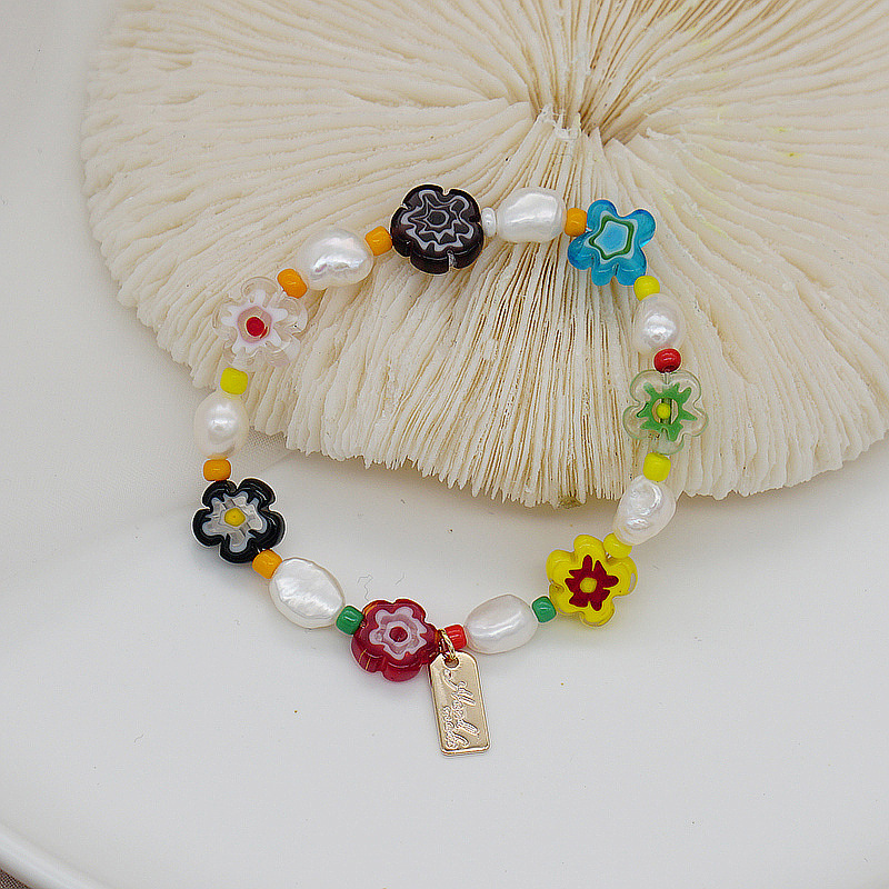 Korean Style Dongdaemun Same Style Flower Glass Freshwater Pearl Bracelet Elastic String Beaded Bracelet Color Bracelet for Women