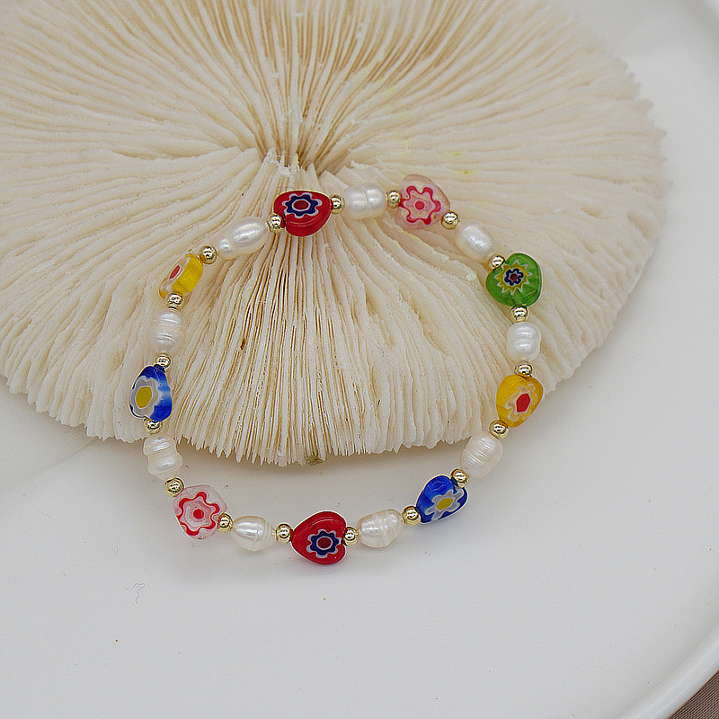 Korean Style Dongdaemun Same Style Flower Glass Freshwater Pearl Bracelet Elastic String Beaded Bracelet Color Bracelet for Women