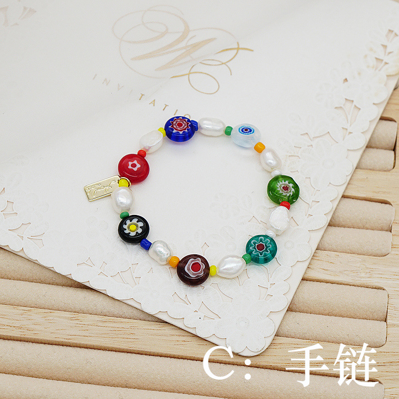 Korean Style Dongdaemun Same Style Flower Glass Freshwater Pearl Bracelet Elastic String Beaded Bracelet Color Bracelet for Women