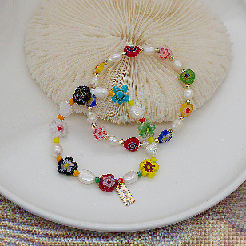 Korean Style Dongdaemun Same Style Flower Glass Freshwater Pearl Bracelet Elastic String Beaded Bracelet Color Bracelet for Women
