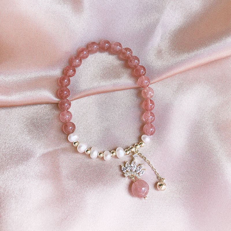New strawberry crystal bracelet String natural freshwater Pearl zircon Adjustable Elastic retro Ins Design girl
