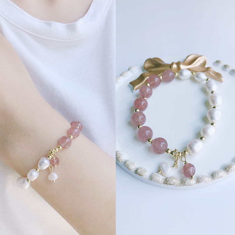 New strawberry crystal bracelet String natural freshwater Pearl zircon Adjustable Elastic retro Ins Design girl
