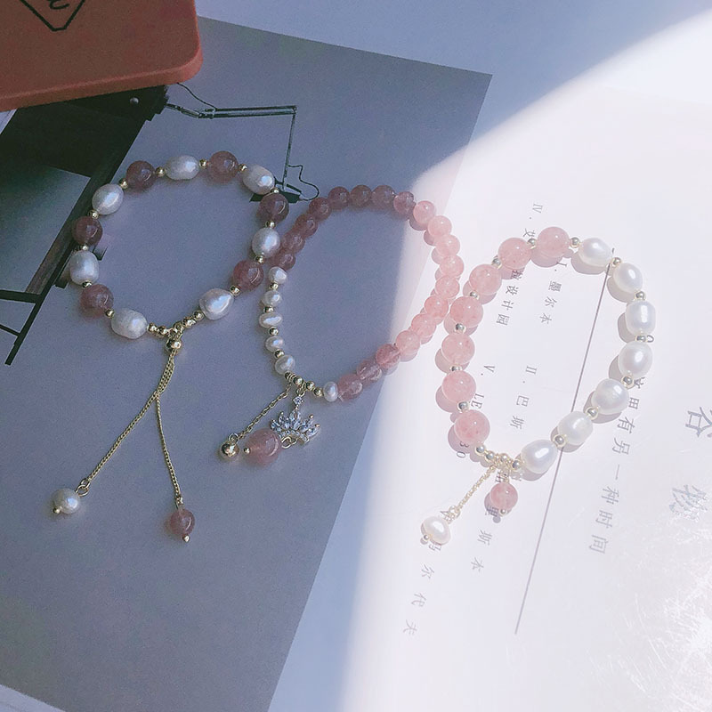 New strawberry crystal bracelet String natural freshwater Pearl zircon Adjustable Elastic retro Ins Design girl