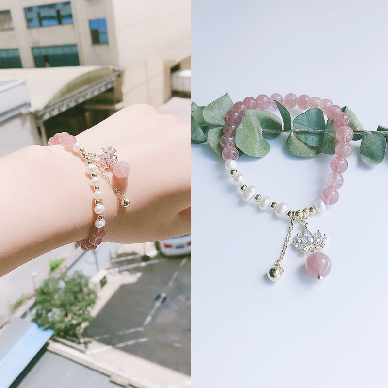 New strawberry crystal bracelet String natural freshwater Pearl zircon Adjustable Elastic retro Ins Design girl