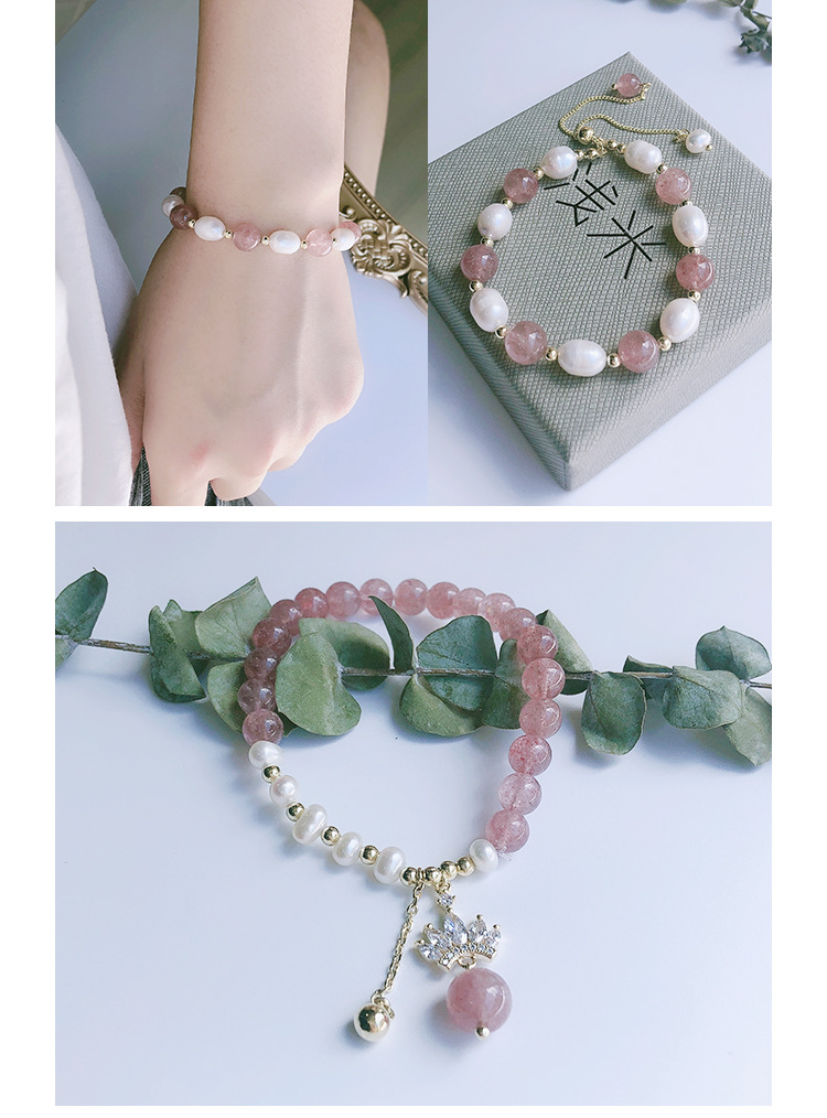 New strawberry crystal bracelet String natural freshwater Pearl zircon Adjustable Elastic retro Ins Design girl
