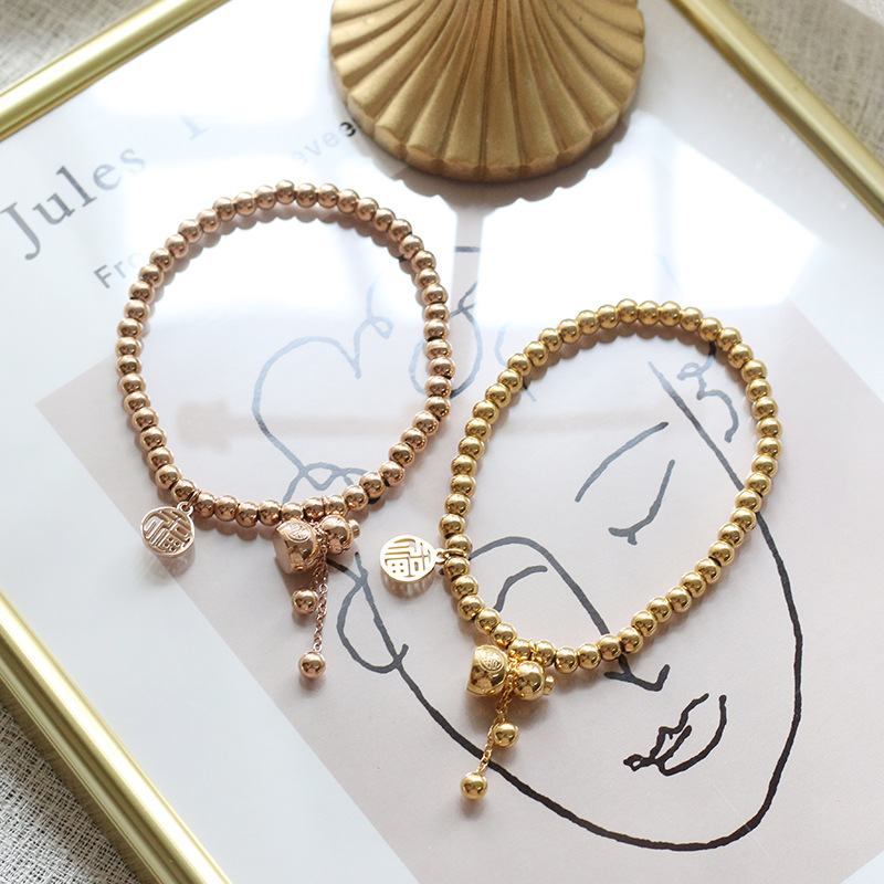 Fu Lu Chinese Style Small Calabash Tassel Small Ball Beads Elastic Bracelet Wrist String Titanium Steel Plated 18K Gold Color Protection for Women Fu Lu Chinese Style Small Calabash Tassel Small Ball Beads Elastic Bracelet Wrist String Titanium Steel Plated 18K Gold Color Protection for Women