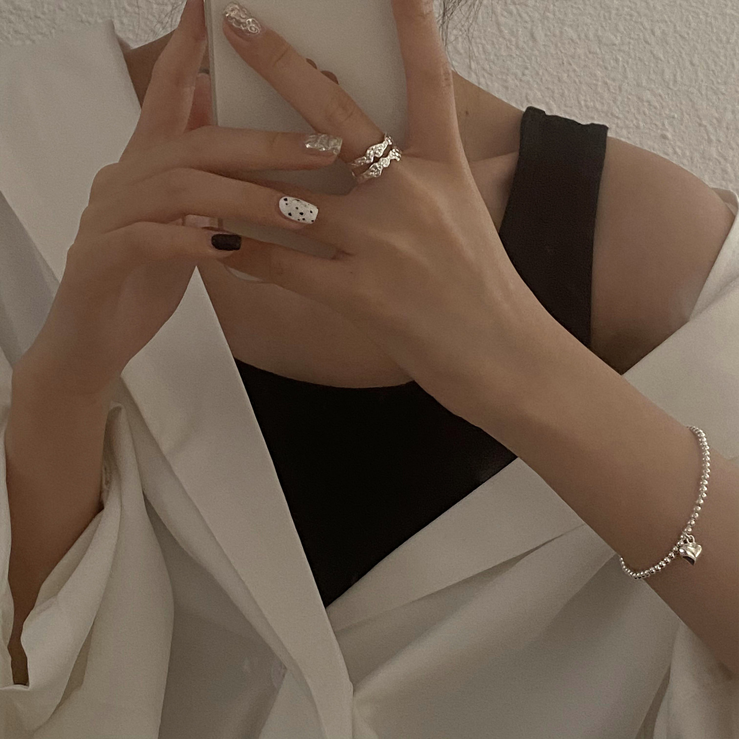 Korean Style S925 Silver Simple and Compact Elastic Heart Bracelet Women&#039;s Retro Fashion Elegant Graceful Bracelet Student Jewelry