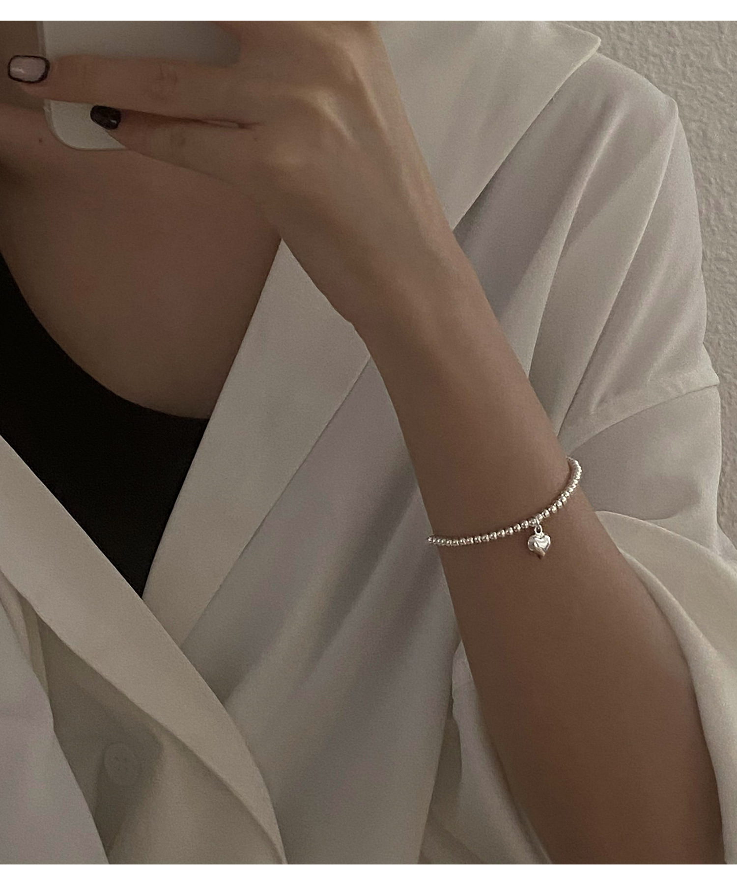 Korean Style S925 Silver Simple and Compact Elastic Heart Bracelet Women's Retro Fashion Elegant Graceful Bracelet Student Jewelry