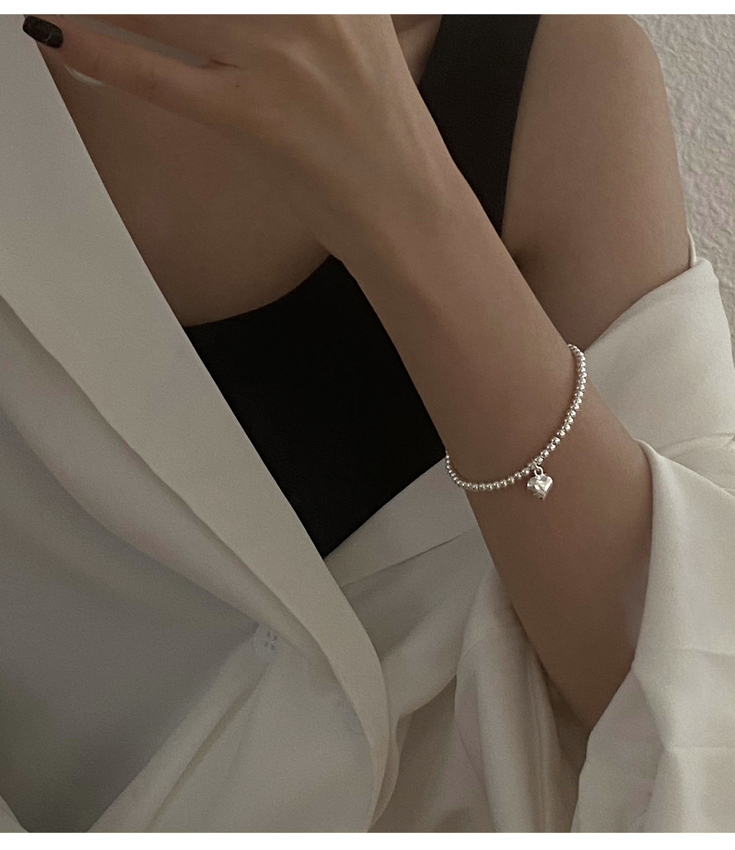 Korean Style S925 Silver Simple and Compact Elastic Heart Bracelet Women's Retro Fashion Elegant Graceful Bracelet Student Jewelry