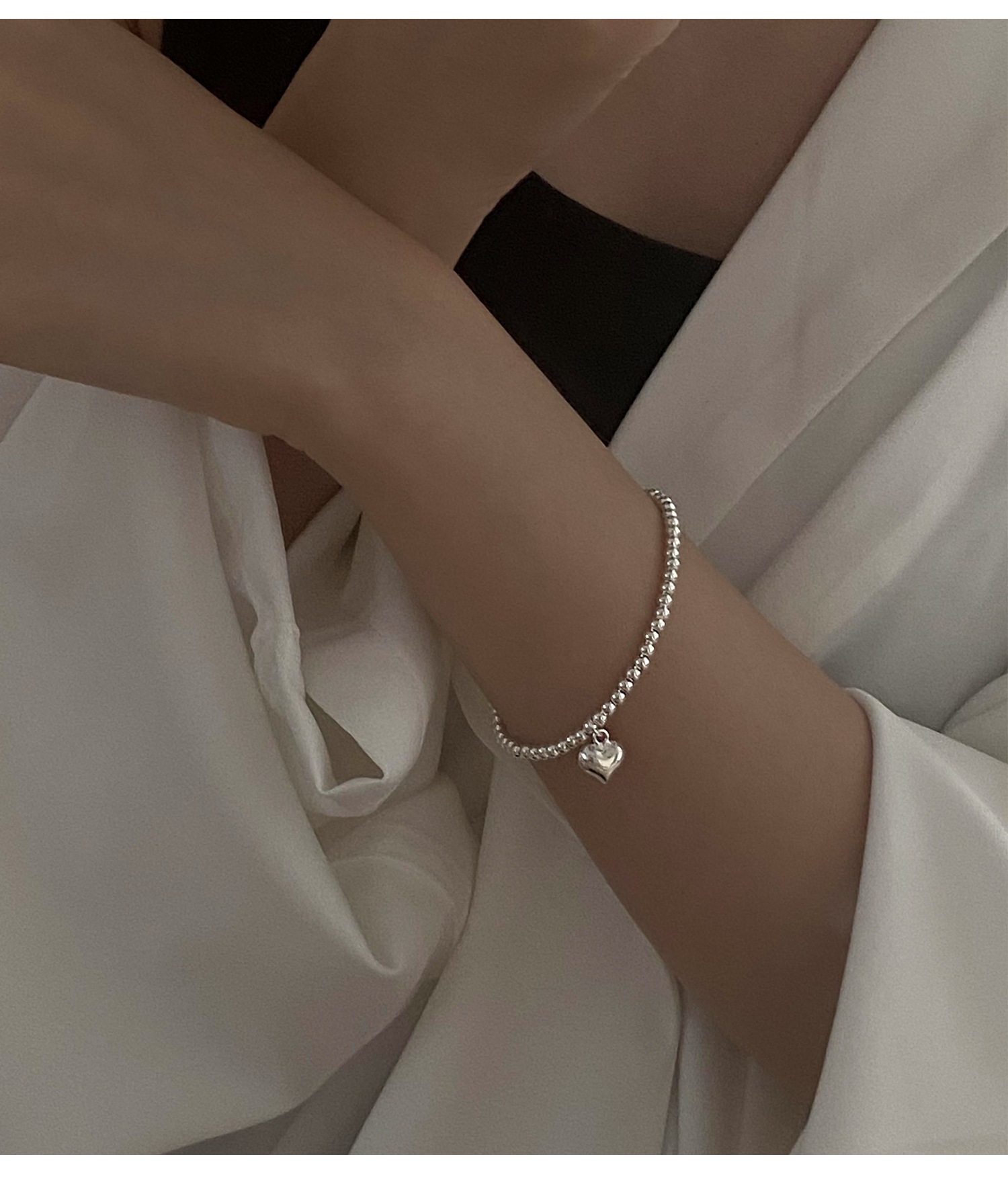 Korean Style S925 Silver Simple and Compact Elastic Heart Bracelet Women's Retro Fashion Elegant Graceful Bracelet Student Jewelry