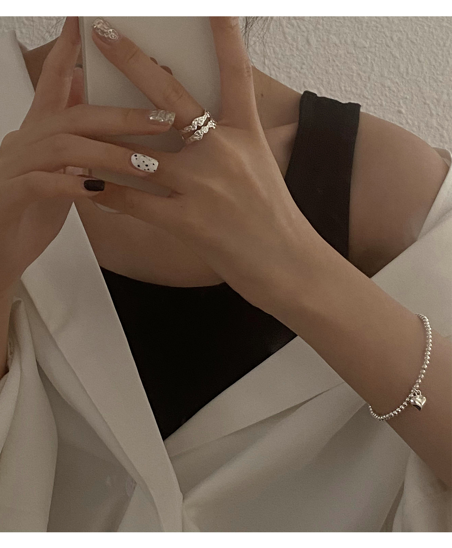 Korean Style S925 Silver Simple and Compact Elastic Heart Bracelet Women's Retro Fashion Elegant Graceful Bracelet Student Jewelry