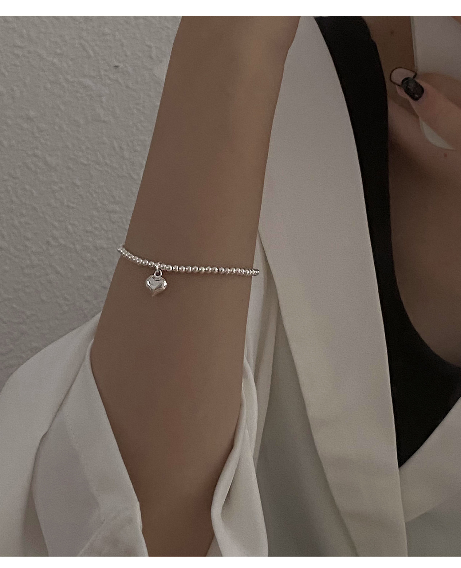 Korean Style S925 Silver Simple and Compact Elastic Heart Bracelet Women's Retro Fashion Elegant Graceful Bracelet Student Jewelry