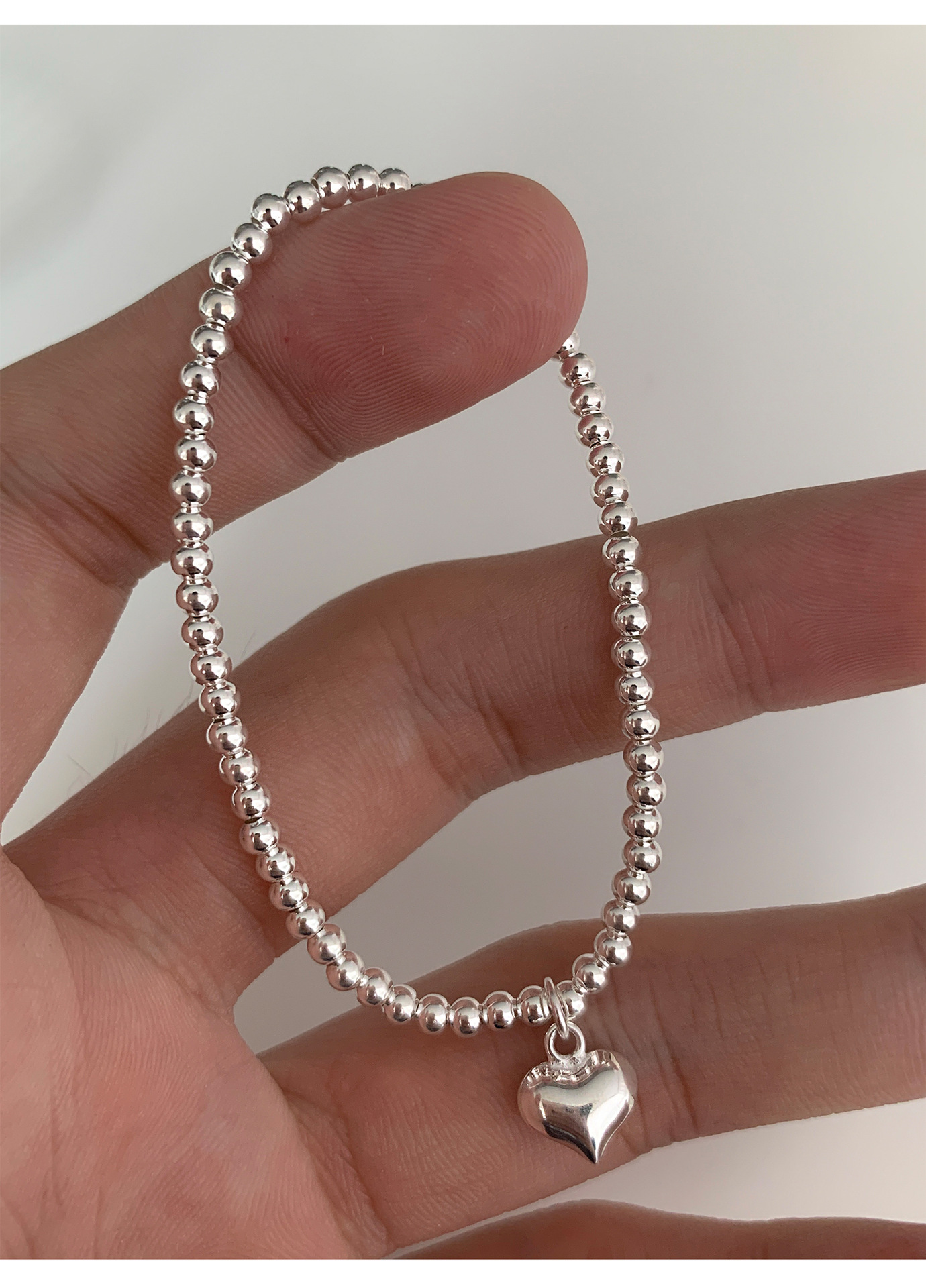 Korean Style S925 Silver Simple and Compact Elastic Heart Bracelet Women's Retro Fashion Elegant Graceful Bracelet Student Jewelry