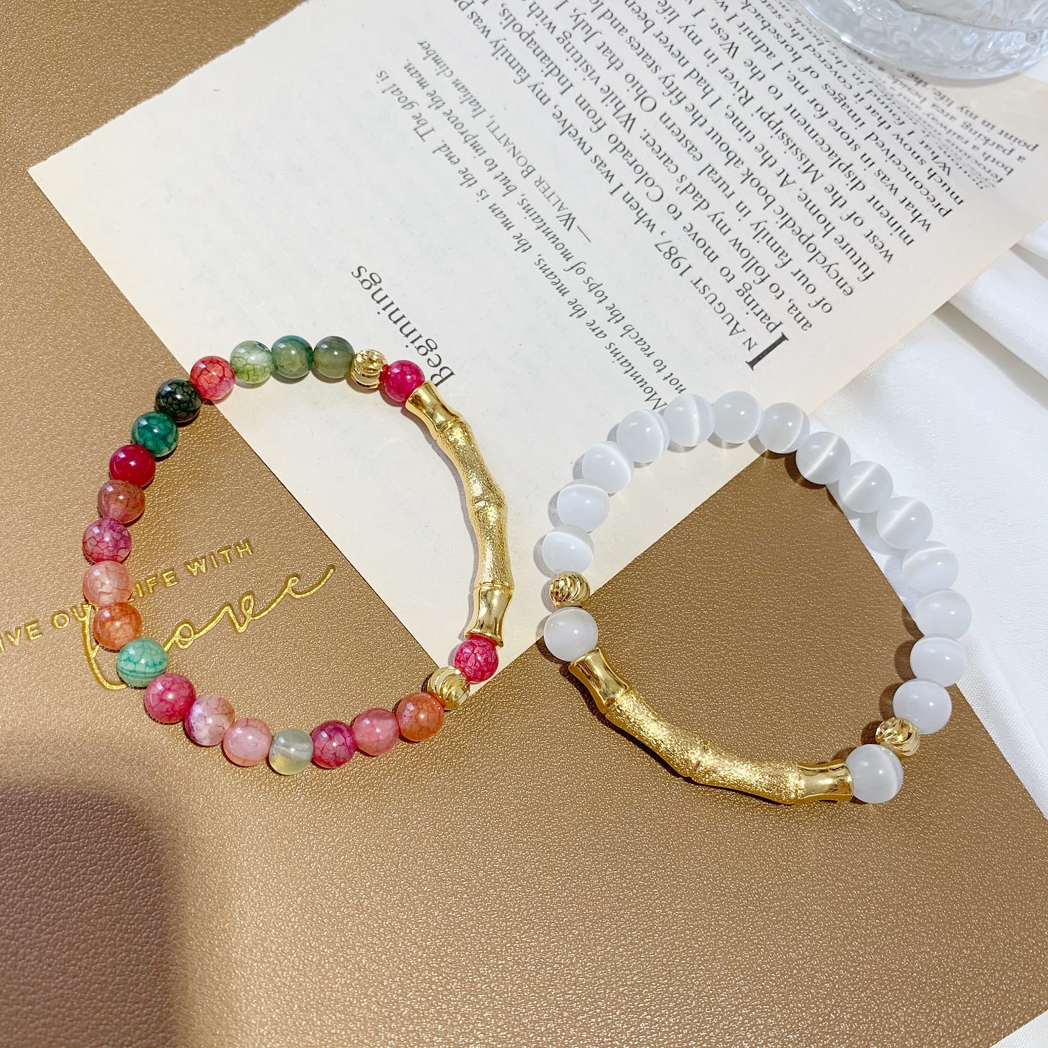 Elastic Beaded Imitation Tourmaline Agate Bracelet Alluvial Gold Bamboo Bracelet No Color Fading Moonstone Crystal Bracelet for Women
