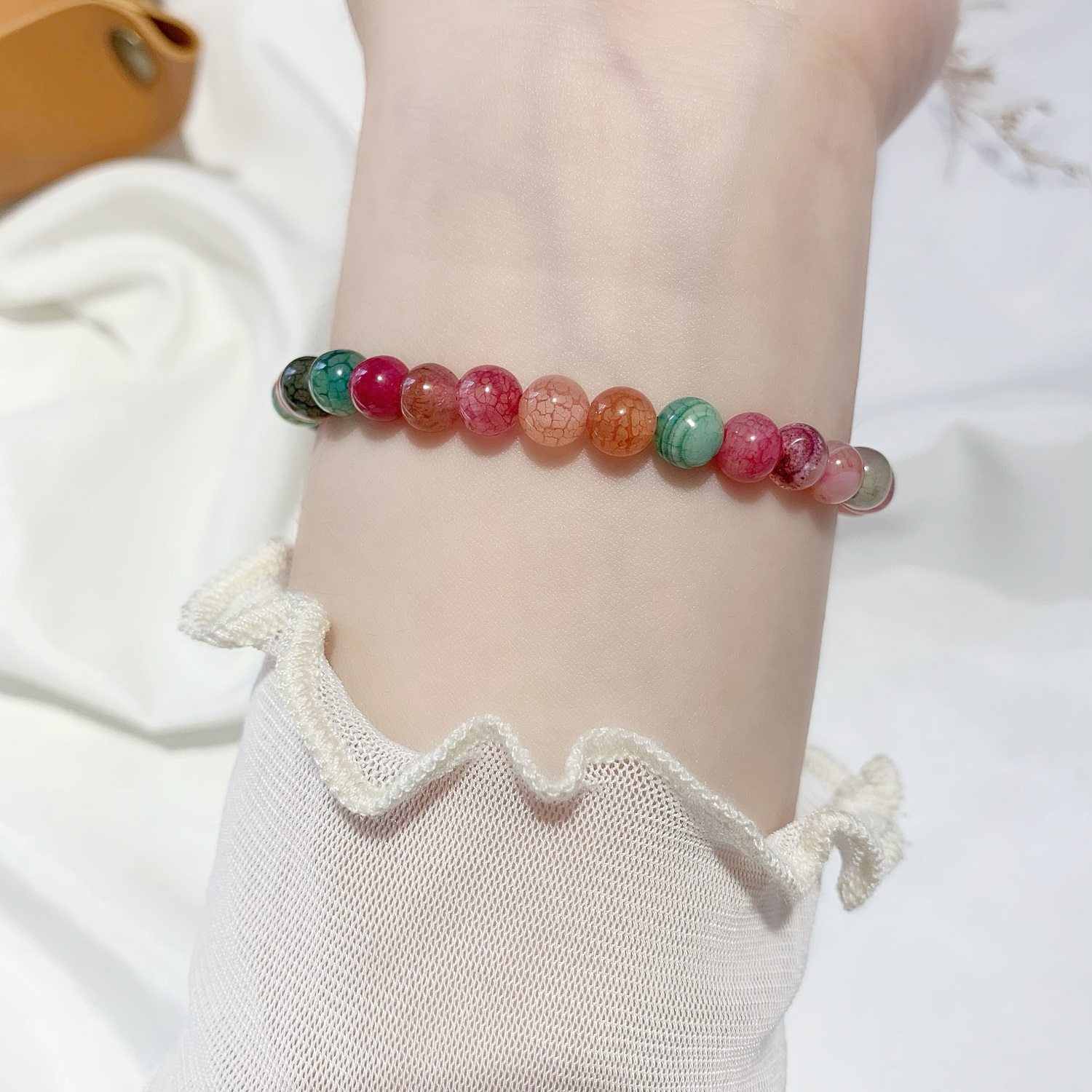 Elastic Beaded Imitation Tourmaline Agate Bracelet Alluvial Gold Bamboo Bracelet No Color Fading Moonstone Crystal Bracelet for Women