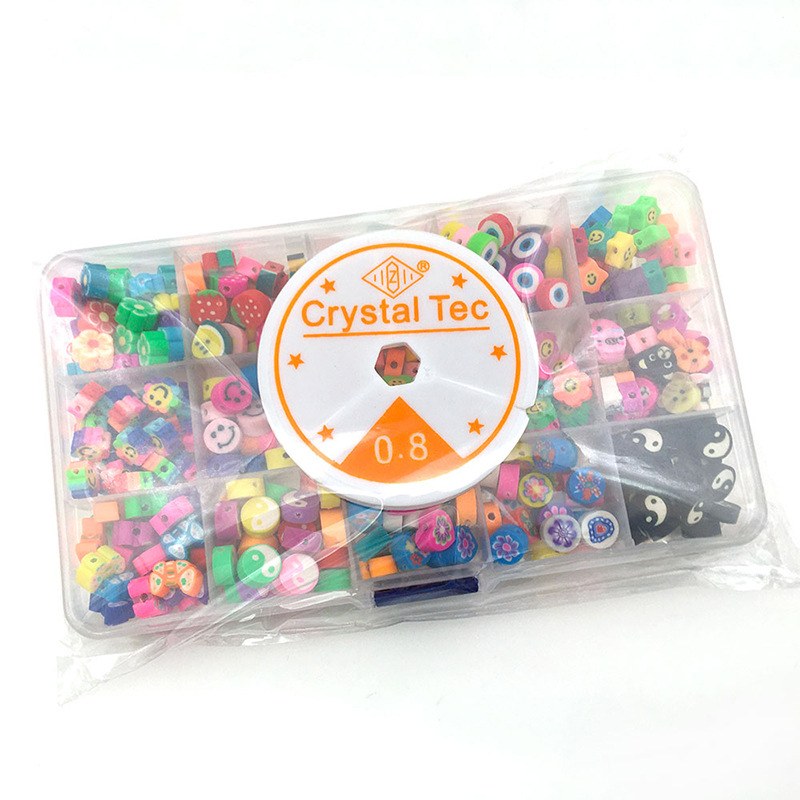 Mixed Boxed 370 PCs Polymer Clay Punch Slice Smiley Fruit Flat Beads Elastic String DIY Bracelet Necklace Accessories