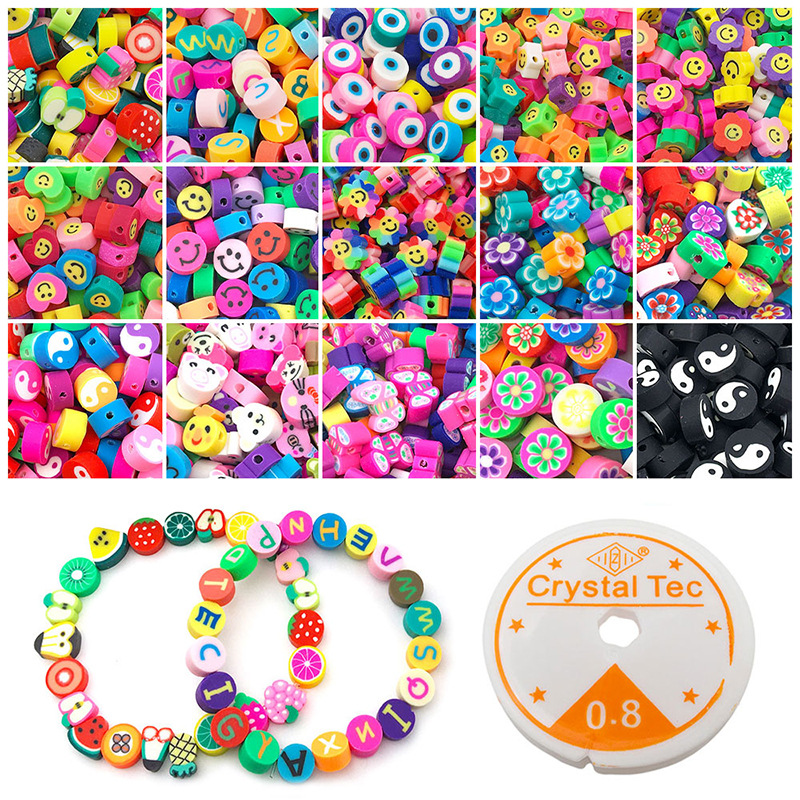 Mixed Boxed 370 PCs Polymer Clay Punch Slice Smiley Fruit Flat Beads Elastic String DIY Bracelet Necklace Accessories