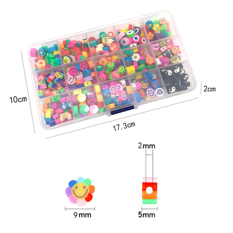 Mixed Boxed 370 PCs Polymer Clay Punch Slice Smiley Fruit Flat Beads Elastic String DIY Bracelet Necklace Accessories