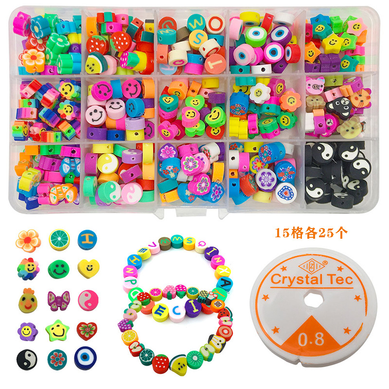 Mixed Boxed 370 PCs Polymer Clay Punch Slice Smiley Fruit Flat Beads Elastic String DIY Bracelet Necklace Accessories