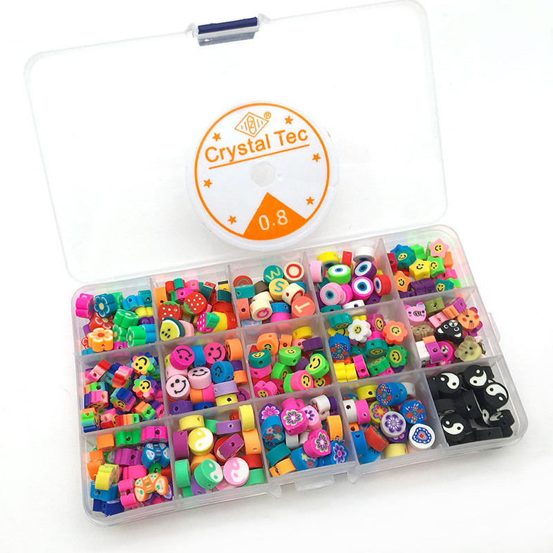 Mixed Boxed 370 PCs Polymer Clay Punch Slice Smiley Fruit Flat Beads Elastic String DIY Bracelet Necklace Accessories