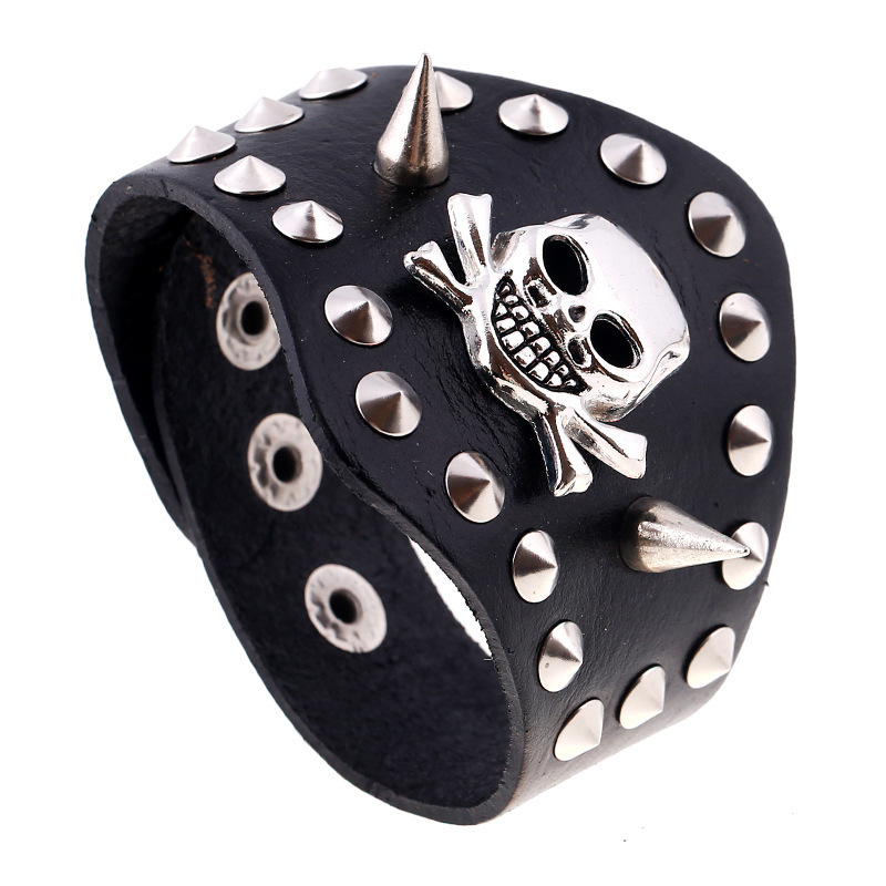 Factory Direct Sales European and American Punk Rivet Skull Cattle Leather Bracelet Bracelet Exaggerated Men&#039;s Wide Leather Leather Bracelet