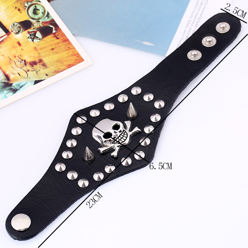 Factory Direct Sales European and American Punk Rivet Skull Cattle Leather Bracelet Bracelet Exaggerated Men's Wide Leather Leather Bracelet