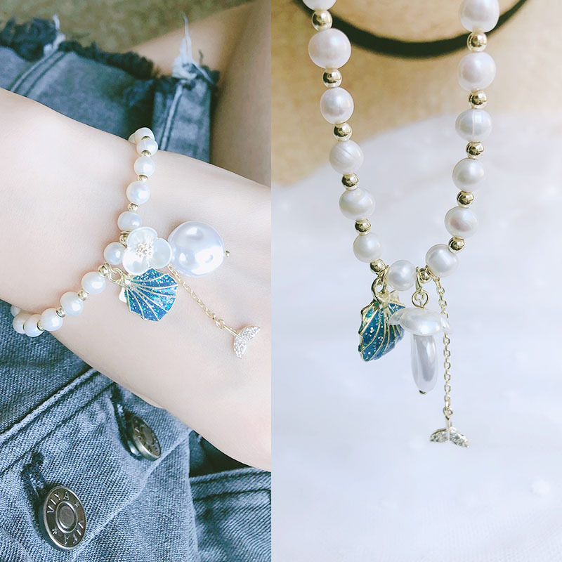 New bracelet hand natural freshwater pearl crystal strawberry crystal shell fish elastic adjustable girl