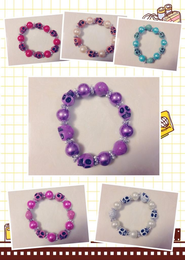 Glass beads pearls silver skull bracelet S7