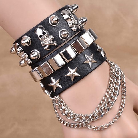 European and American Fashion Multi-Layer Leather Wide Bracelet Domineering Personalized Skull Rivet Punk Street Dance Bracelet Jewelry