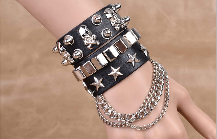 European and American Fashion Multi-Layer Leather Wide Bracelet Domineering Personalized Skull Rivet Punk Street Dance Bracelet Jewelry