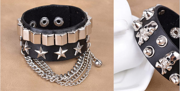 European and American Fashion Multi-Layer Leather Wide Bracelet Domineering Personalized Skull Rivet Punk Street Dance Bracelet Jewelry