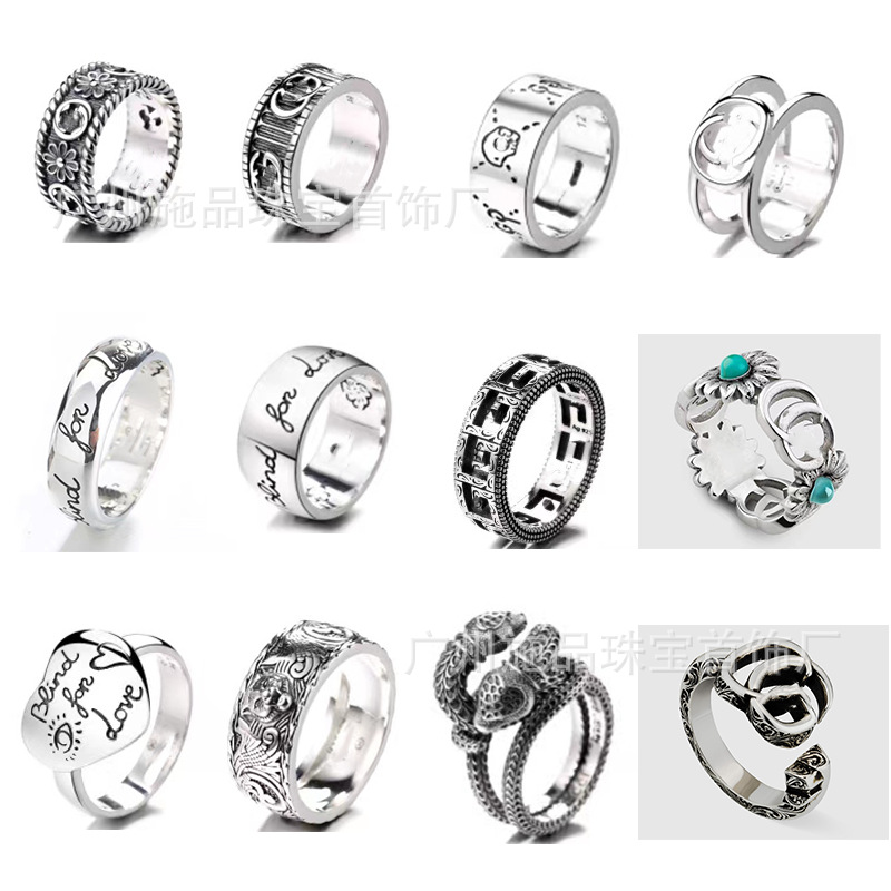 Gujia S925 Silver Bracelet Vintage Distressed Men and Women Couple Double G Skull Elf Bracelet Pattern Carved Bracelet
