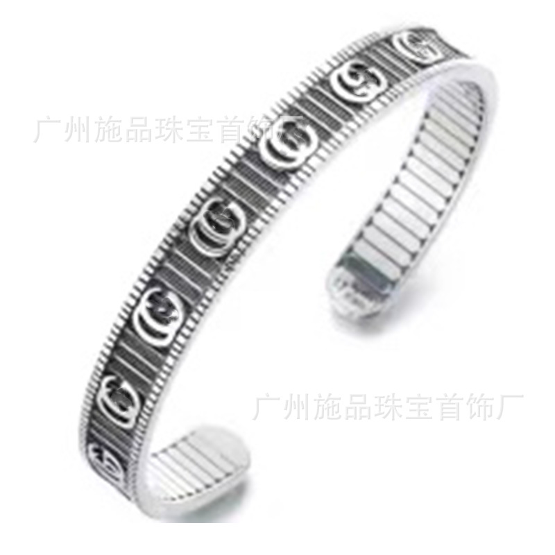 Gujia S925 Silver Bracelet Vintage Distressed Men and Women Couple Double G Skull Elf Bracelet Pattern Carved Bracelet