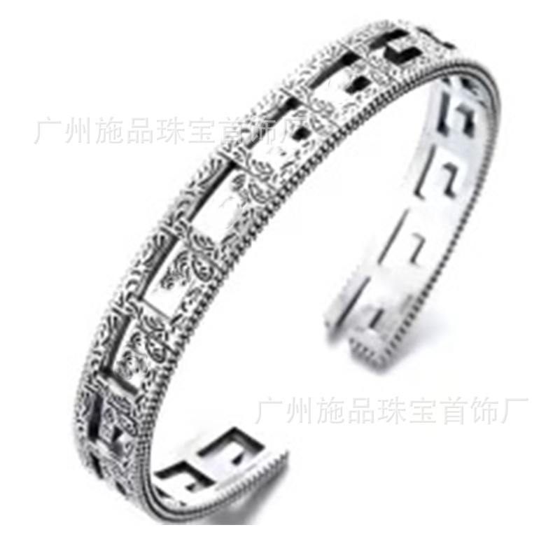 Gujia S925 Silver Bracelet Vintage Distressed Men and Women Couple Double G Skull Elf Bracelet Pattern Carved Bracelet