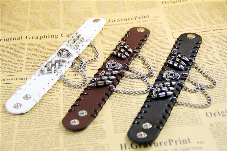 from AliExpress European and American Ornament Retro Punk Bullet Skull Chain Bracelet Cattle Leather Bracelet