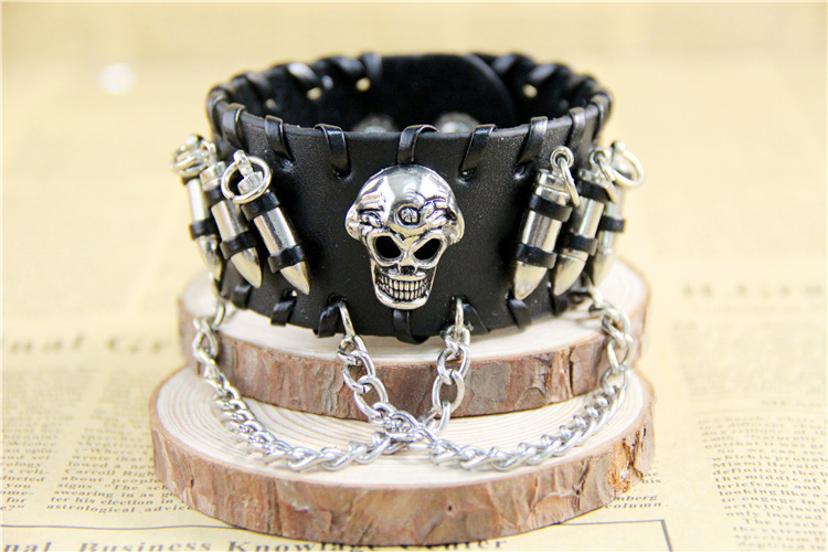 from AliExpress European and American Ornament Retro Punk Bullet Skull Chain Bracelet Cattle Leather Bracelet