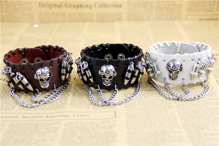 from AliExpress European and American Ornament Retro Punk Bullet Skull Chain Bracelet Cattle Leather Bracelet